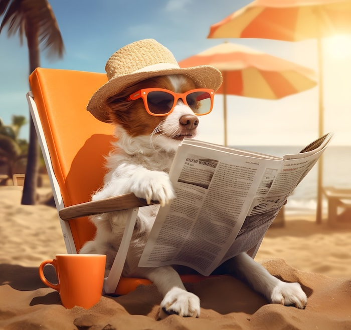 Actualités récentes d’Annajo Janisz, écrivaine médium poétesse française actuelle. La page est illustrée par un chien à la plage lisant un journal d’information.